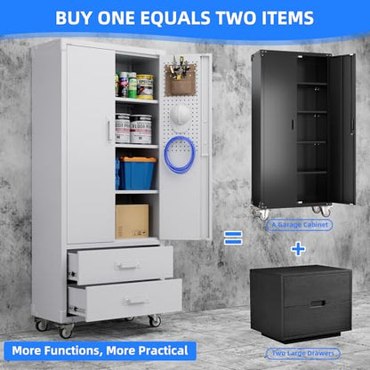 Metal Garage Storage Cabinet with Wheels, 2 Drawers and Pegboard, White - color: White, size: 15.2"D x 30"W x 71.2"H