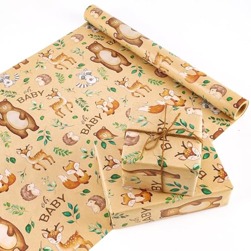 WERNNSAI Baby Shower Kraft Wrapping Paper, 33 ft Brown Woodland Animals - color: Baby-Kraft Paper