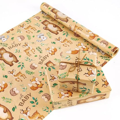 WERNNSAI Baby Shower Kraft Wrapping Paper, 33 ft Brown Woodland Animals - color: Baby-Kraft Paper