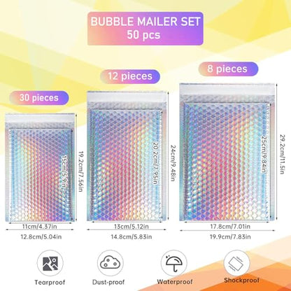 50 Pcs Metallic Bubble Mailers,Waterproof Self Seal Adhesive Shipping Bags,Holographic Cushion Envelopes,Foil Glitter Shipping Mailer,Poly Padded Envelopes for Mailing Packing Small Business