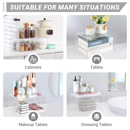 Clear Acrylic Cabinet Organizer Shelf 4Pcs, Stackable Cabinet Shelves, Dish Organizer for Cabinet, Kitchen Cabinet Organizer Riser, Pantry Cupboard Storage for Spice Bottles, Mugs, Small Plates & Jars