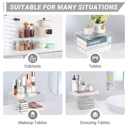 Clear Acrylic Cabinet Organizer Shelf 4Pcs, Stackable Cabinet Shelves, Dish Organizer for Cabinet, Kitchen Cabinet Organizer Riser, Pantry Cupboard Storage for Spice Bottles, Mugs, Small Plates & Jars