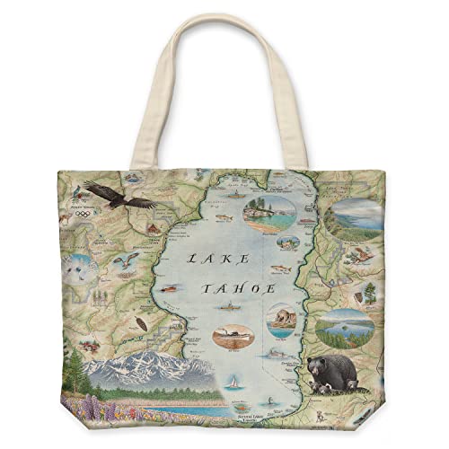 Xplorer Maps Canvas Tote Bag with Handles, Cloth Grocery Shopping Bag, Reusable & Eco-friendly Bag, 100% Cotton, Washable - color: Lake Tahoe