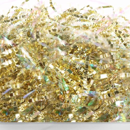 PAPER FAIR Metallic Iridescent Gold Crinkle Cut Paper Shredded Filler, 5OZ Sparkling Crystal Gold Paper Shreds Raffia Tissue, Craft Bedding Cushion, for Gifts Wedding Easter Bridesmaid Christmas - color: Iridescent Gold
