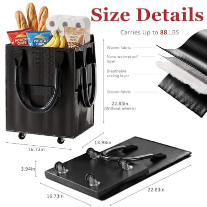 Reusable Grocery Bag on Wheel, Foldable Shopping Cart with Wheels, Can Carry up to 88 Pounds, Suitable for Groceries, Laundry, Camping and Moving. - color: Black - Medium