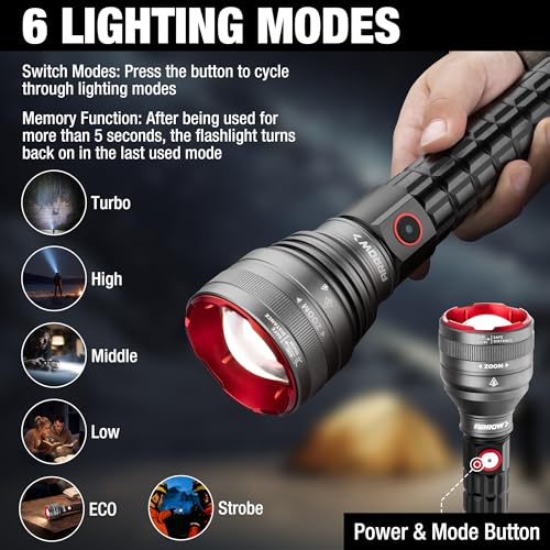 Arrow Rechargeable IPX7 Flashlights 12000 Lumens with 6 Lighting Modes