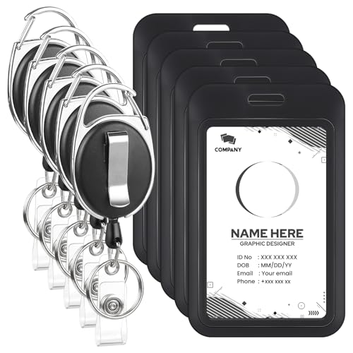 5 Pack Retractable Badge Reels with Vertical Id Card Holders, Black - style: 5 Set Hard Material