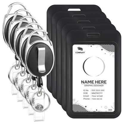5 Pack Retractable Badge Reels with Vertical Id Card Holders, Black - style: 5 Set Hard Material