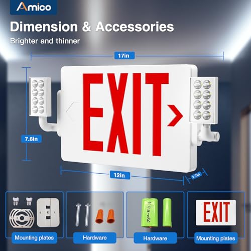 Amico 12 Pack Red Double-Sided Commercial Exit Sign Multi-Angle LED Lights - color: Red