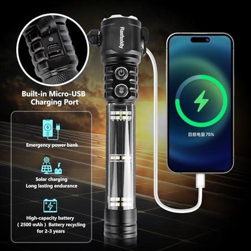 Emergency Flashlight with Window Breaker and Seatbelt Cutter, LED Flashlight, flashlights high lumens，Strobe sos Beacon，Mobile Power，Alarm Rescue，for car，Outdoor，Hiking, Fishing, Dog Walking