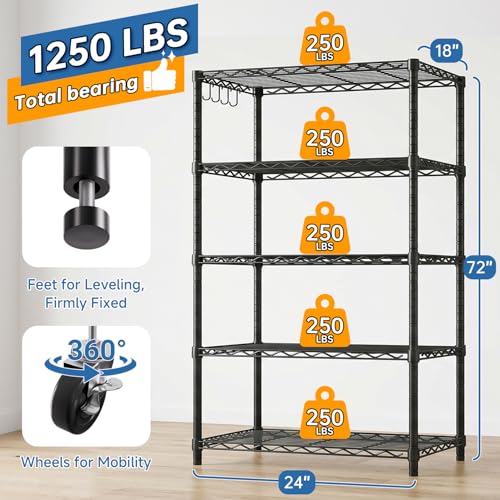 24" W x 18" D x 75" H Wire Storage Shelves with Wheels: 5 Tier Adjustable Metal Shelving Unit, NSF Heavy Duty Kitchen Bakers Rack, Rolling Pantry Shelf Organizer for Closet, Laundry, Garage - size: 24"W x 18"D x 75"H
