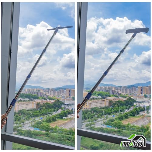 81" Window Squeegee Cleaner, Window Cleaning Tool Kit,12" Squeegee and 11" Microfiber Scrubber Combi with Stainless Steel Pole for Car,Sliding Door,Shower Glass Door-Swivel Style-2 Pads