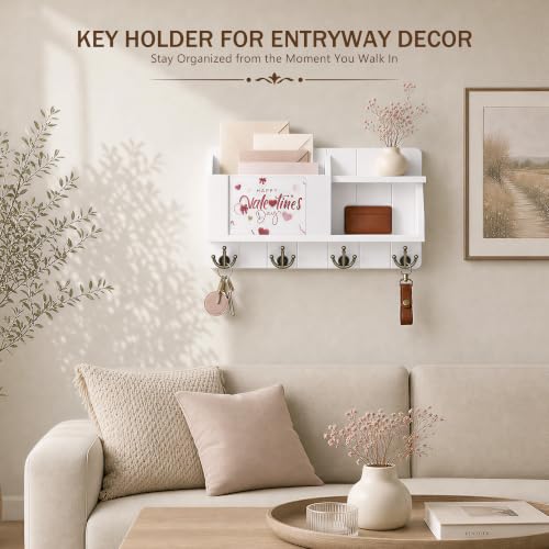 Rebee Vision Key Holder Wall Mount with Mail Organizer for Entryway, White - color: White