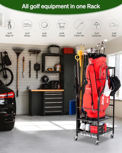 FHXZH Golf Bag Storage Garage Organizer - Golf Bag Stand with Wheels - color: Black - With Bottom Drawer Basket