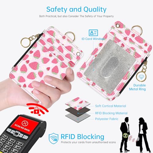2-in-1 ID Badge Holder & Lanyard Wallet，Cute Zippered Pouch Pink Strawberry - color: Pink Strawberry