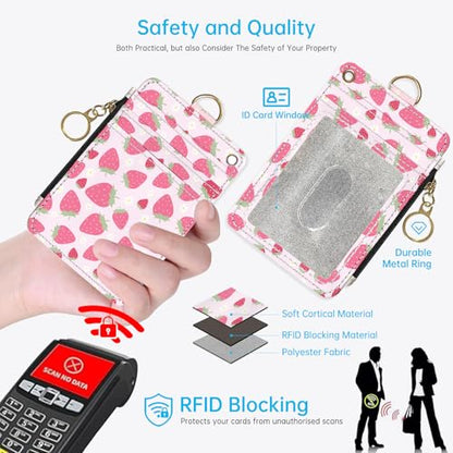2-in-1 ID Badge Holder & Lanyard Wallet，Cute Zippered Pouch Pink Strawberry - color: Pink Strawberry