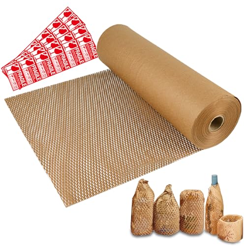 Honeycomb Packing Paper,12" W x 164' L with 24 Fragile Sticker Labels，Eco Friendly Recyclable Packing Paper，Bubble buffer film packaging substitute，for Moving,Products & Gifts Wrapping Paper（Brown）