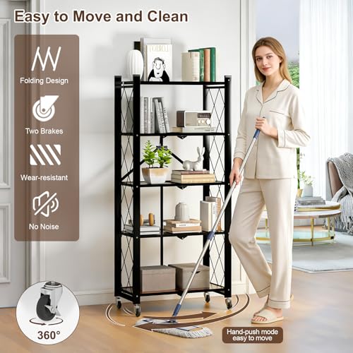 5 Tier Folding Shelf with Wheels, Wood and Metal Bookshelf - color: Brown Wooden, size: 5 Tier
