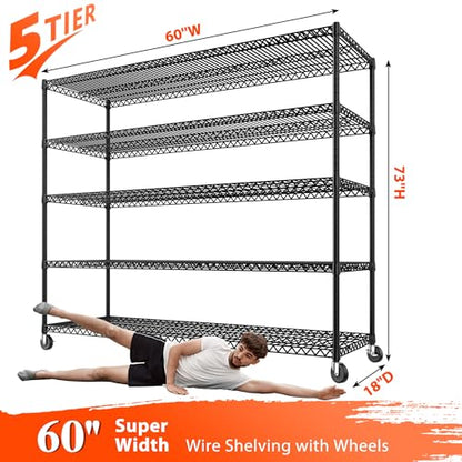 REIBII 5-Tier Heavy Duty Shelving with Wheels, 3200LBS Storage Rack - size: 60''W X 18'' D X 73'' H