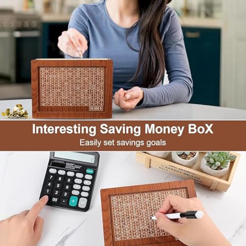 Cash Vault Wooden Savings Box,$10000 Wooden Cash Saver Money Box, Cash Saver Box, Coin Counter Piggy Bank, Money Box with Counter, Wooden Money Box with Money Target and Numbers (Dark Brown) - color: Wood