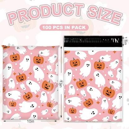 JarThenaAMCS 100Pcs Halloween Poly Mailers 10 x 13 Inch Pink Ghost Pumpkin Packaging Bags Self Seal Mailing Envelope Bags for Small Business Clothing Gift - size: 10 x 13 Inch