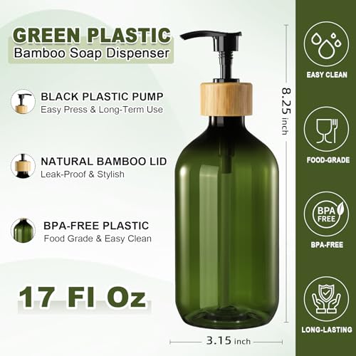 KASUNTING Green Soap Dispenser, Plastic Bathroom Soap and Lotion Dispenser Set with Bamboo Pump, 2 Pack 17 Fl Oz Hand and Dish Soap Dispensers Set for Bathroom, Refillable Liquid Soap Bottles - color: Olive Green, size: 2 Bottles