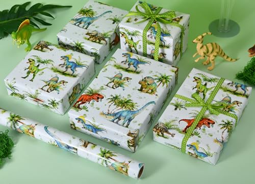 Sikiweiter Dinosaur Wrapping Paper Roll - Watercolor Dino & Palm Tree Design - 17 inch x 16.5 feet (Dinosaur) - color: Dinosaur