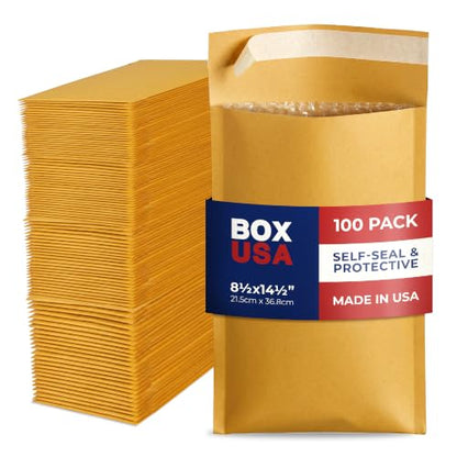 BOX USA 8 1/2 x 14 1/2" Kraft Bubble Mailers (100-Pack) - Brown Padded Envelopes, Self-Seal Shipping Bags for Business, Heavy Duty Cushioned Mailing Envelopes for Packaging and Shipping - size: 8-1/2x14" (100-Pack)