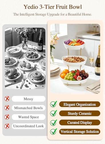 Ceramic Fruit Bowl for Kitchen Counter, 3 Tier Fruit Basket Rack - color: Gold, size: 3 Tier