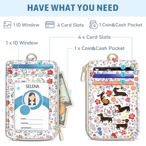 Dachshund Lanyard Wallet with ID Badge Holder, Flower Small RFID Keychain - color: Dachshund Flower