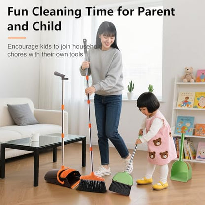 Broom with Dustpan Combo Set for Parent-Child, 5-in-1 Educational Cleaning Tools for Mom and Kids Family Interactive Cleaning Time, 54" Long Handle & Small Fun Broom & Dustpan, Best Household Gift