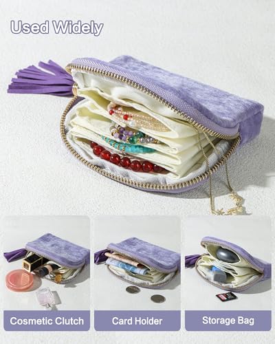 Travel Jewelry Case, Velvet Pouch Bags with Zipper, Plum Purple - color: Plum Purple