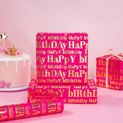 WRAPAHOLIC 3D Kraft Birthday Wrapping Paper Roll - Mini Roll - 17 Inch x 16.5 Feet - Gold and Hot Pink Happy Birthday Wrapping Paper with Embossed Perfect for Girls Women, Holiday, Party - color: Hot Pink & Gold Happy Birthday, size: 17 inch x 16.5 feet