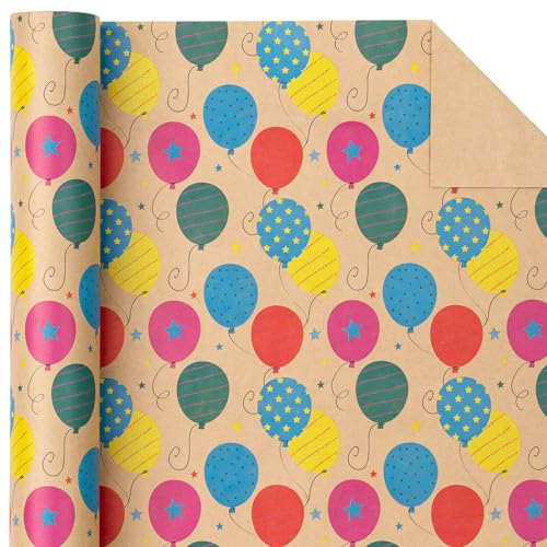 WRAPAHOLIC Kraft Wrapping Paper Roll - Striped Brown Kraft Paper for Birthday Gift Wrapping - 17in x 16in Each Roll, Total 23 Sq. Ft. - Birthday Balloon - color: Birthday Balloon, size: 1 Roll (Pack of 1)