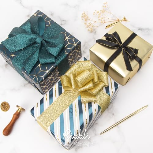 Ribbli Teal Gold Father’s Day Wrapping Paper Mini Roll, 3 Rolls Birthday Gift Wrap for Men Boy Friend Wedding - 17 inch x 120 inch(10feet) Per Roll - color: Teal/Gold