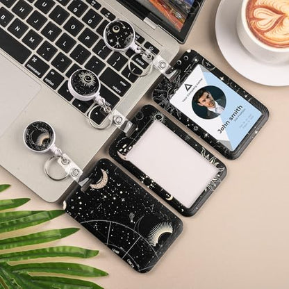 3 Set Moon Star Badge Holder with Retractable Reel, Retractable ID Badge Holders with Clip Card Holder Case for Nurse Teacher Women Office Gift for Coworkers - color: Sun Moon Star