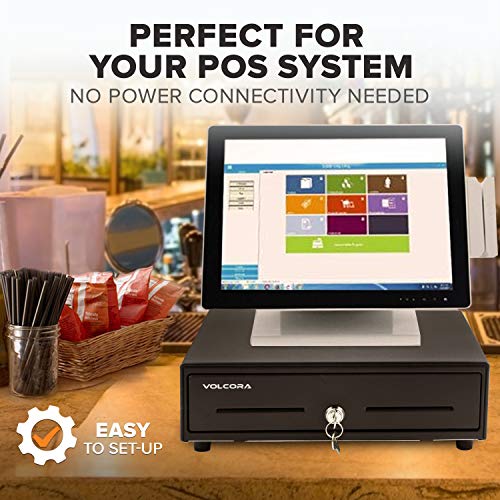 Volcora 13" Manual Push Open Cash Register Drawer for Point of Sale (POS) System, Black Heavy Duty Till with 4 Bills and 5 Coin Slots, Key Lock with Fully Removable Money Tray and Double Media Slots