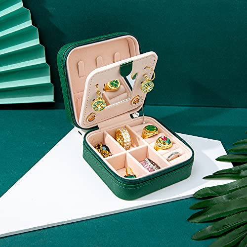 KElofoN Travel jewelry case Travel jewelry box Travel Jewelry Organizer Small box Gift for Girls Women with Mirror(Green) - color: Green