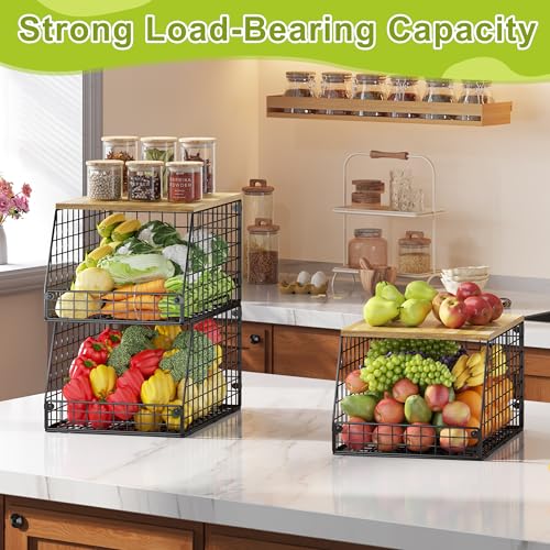 Jakyitvi 4 Pack Stackable Wire Baskets with Fixed Wooden Top, Vegetable Fruit Storage Bins for Onion Potato Snack, Pantry Baskets for Kitchen Cabinet Countertop, Pantry Organizers and Storage Rack - size: 4 Pack with Wooden Top—Narrow 11.8"W x 15.4" D