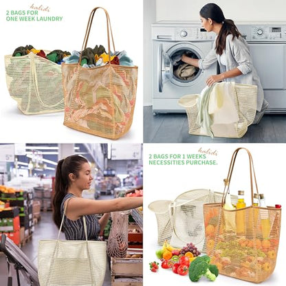 KALIDI Beach Mesh Tote Bag, Casual MAX 23L Summer Foldable Hobo Bag Women - color: Beige Khaki