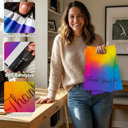 Donyson Rainbow Poly Mailers with Handle, 10x13, 100 Pack, Thank You Bags - color: Rainbow, size: 10x13 (100 Pack)
