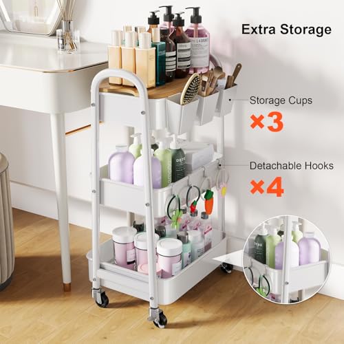 3 Tier White Metal Heavy Duty Rolling Cart with Wheels and Wooden Table Top - color: White