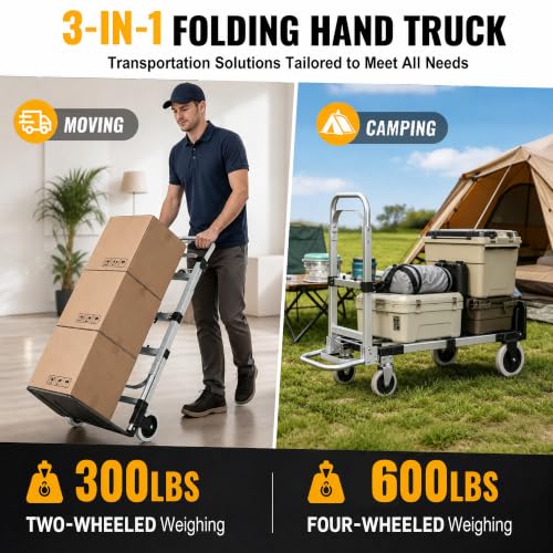 3 in 1 Folding Hand Truck, 600lbs Capacity, Heavy Duty Convertible Dolly with Retractable Handle and 4 Rubber Wheels, Collapsible Cart for Moving Home, Office, Warehouse - Silver - color: Silver-600