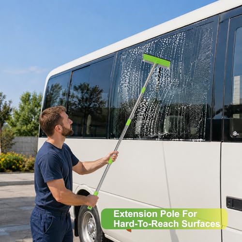 2 in 1 Window Squeegee with 55" Long Stainless Steel Handle,Sponge Car Squeegee for Home,Gas Station,Glass,Shower,Outdoor High Window Cleaning
