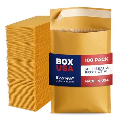 BOX USA 9 1/2 x 14 1/2" Kraft Bubble Mailers (100-Pack) - Brown Padded Envelopes, Self-Seal Shipping Bags for Business, Heavy Duty Cushioned Mailing Envelopes for Packaging and Shipping - size: 9-1/2x14" (100-Pack)