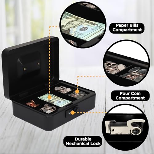 Darice Cash Box - Large Money Safe - Black Stainless Steel - Mechanical Key Lock - Removable Money Tray - Handle (7" x 9.7" x 3.5") - size: Large