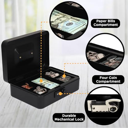 Darice Cash Box - Large Money Safe - Black Stainless Steel - Mechanical Key Lock - Removable Money Tray - Handle (7" x 9.7" x 3.5") - size: Large