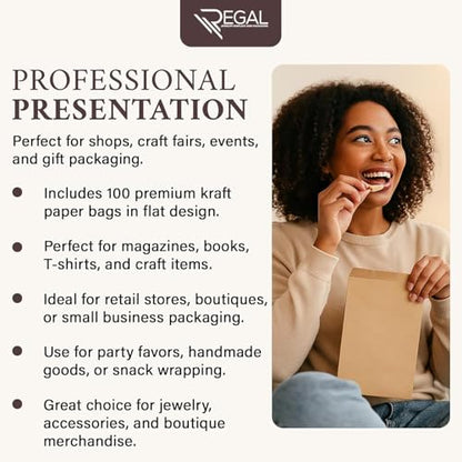 RJ Displays 100 Pack Brown Kraft Paper Merchandise Tote Bags | Small Paper Gift Shopping Bags Bulk for Magazines, Books, Party Favors, Retail Sales Tote Bags for Packaging 4" x 6" Inch (Brown) - size: 4" x 6"