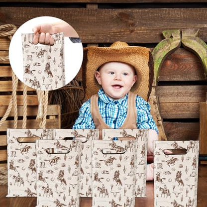 JarThenaAMCS 50Pcs Western Cowboy Goodie Bags Plastic Gift Bags Brown Wild West Rodeo Cactus Patterned Treat Candy Snack Bag for Birthday Baby Shower Party Favor Supplies