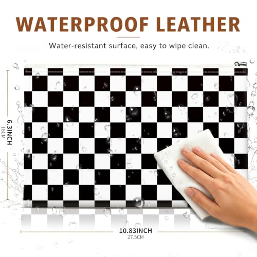 Money Bag with Zipper, Cute PU Leather Cash Bags, Portable Bank Bag Money Pouch for Cash, Coins, Checks, Receipts, Invoices Cosmetics Tools, Deposit Bag for Office Travel, Black Checker - color: Black Checker